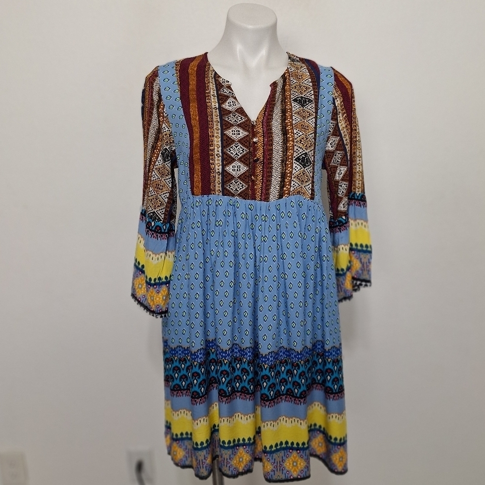 Hayden NEW Patchwork Bohemian Hippie Bell Sleeve Peasant 70's Mini Dress Size M
